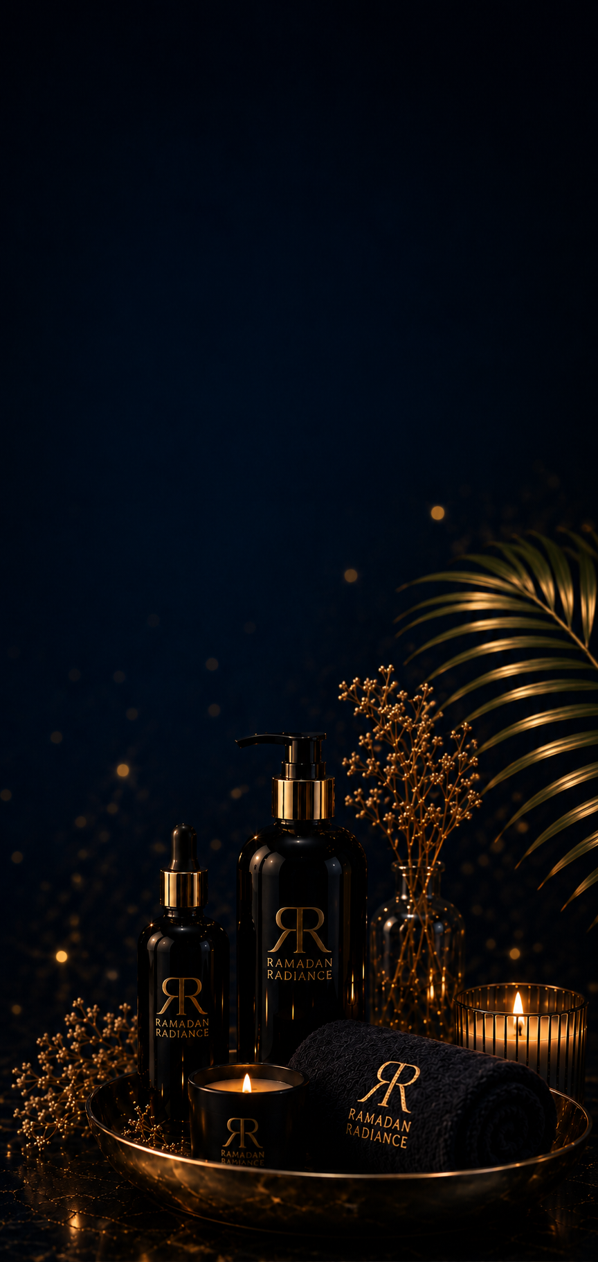 Luxury skincare bottles, candlelight and a navy towel on a gold tray