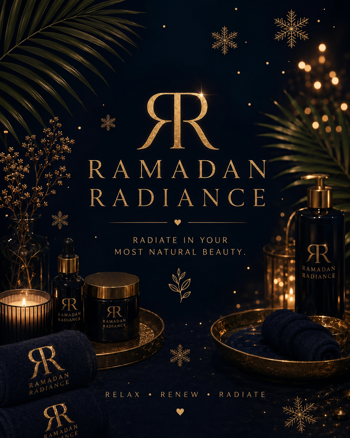 Ramadan Radiance brand campaign image with gold lettering and dark glass skincare