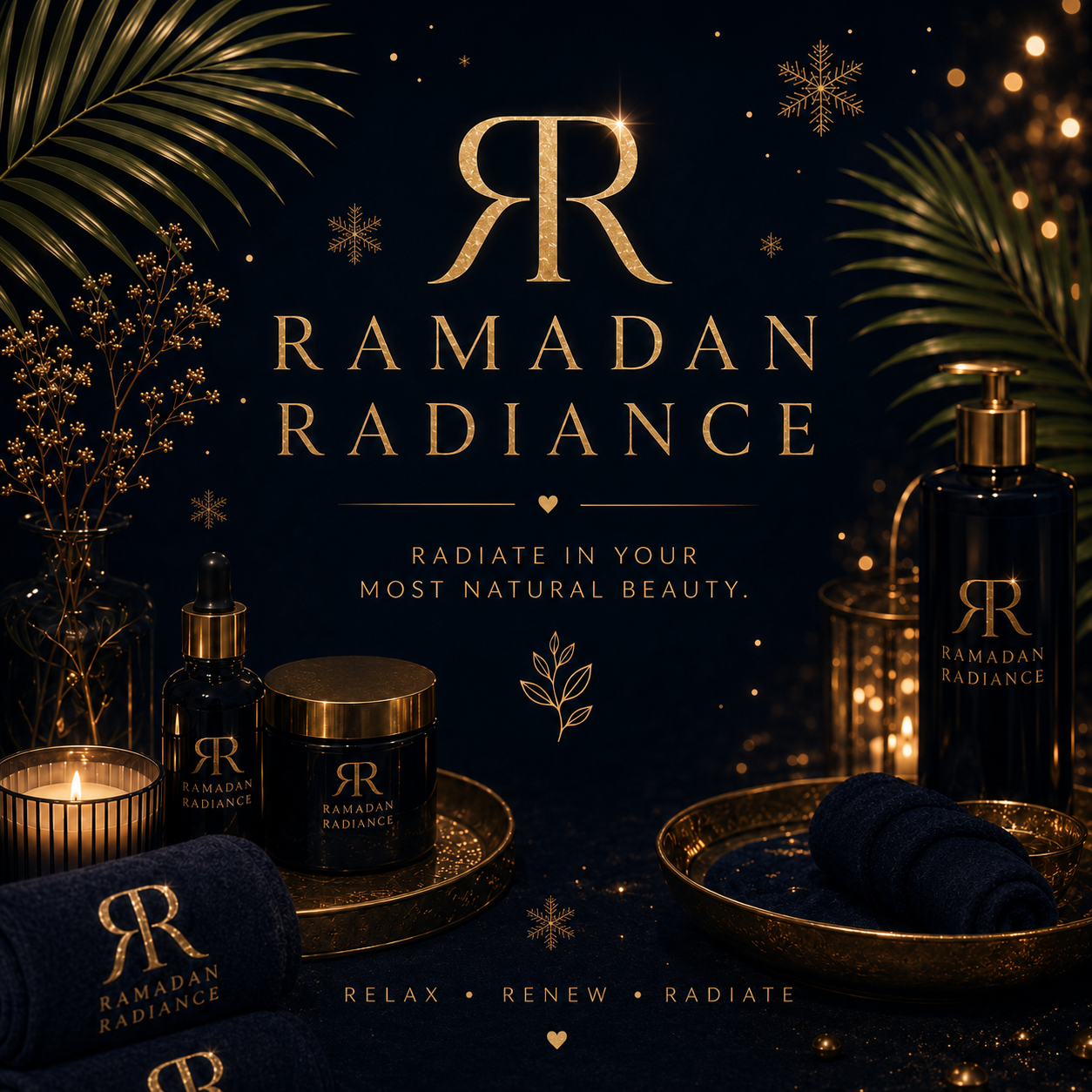 Dark glass skincare bottles on a gold tray surrounded by navy towels and candlelight