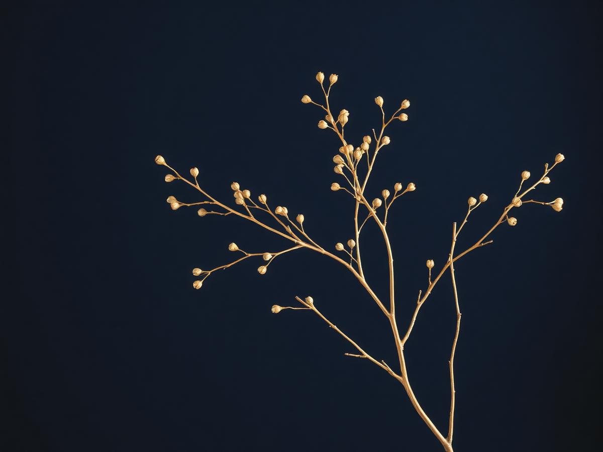 Gold botanical detail against deep navy