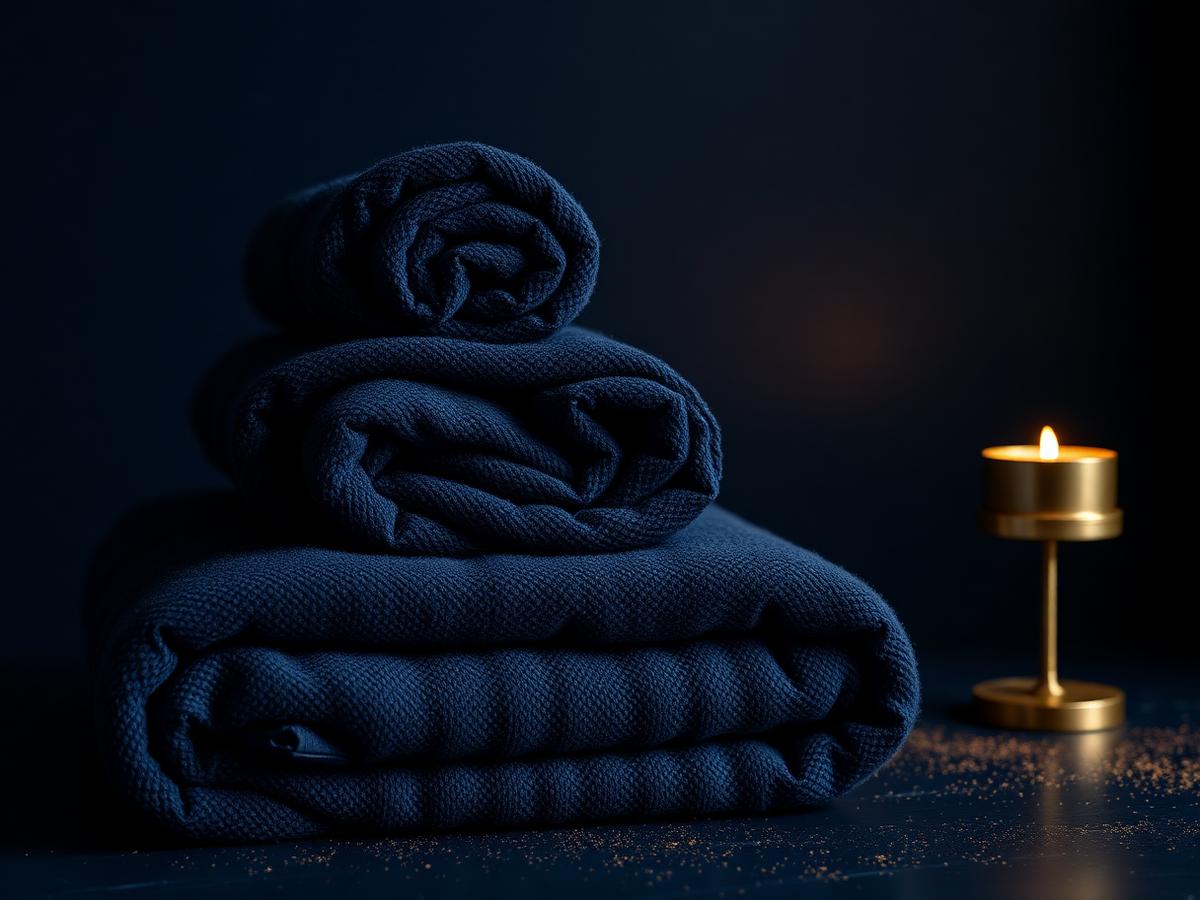 Rolled navy spa towels beside a gold candle