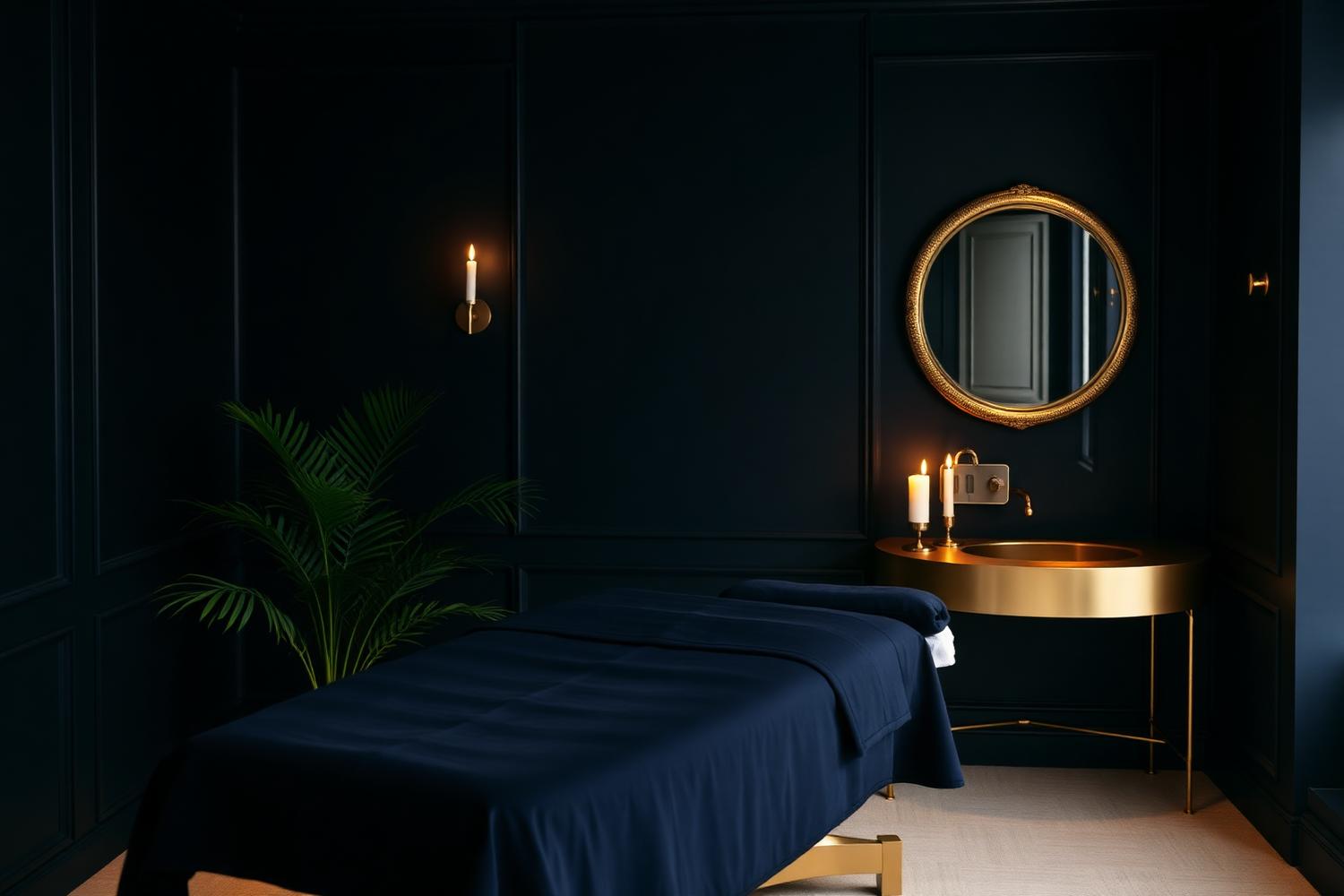 Treatment room with deep navy walls and candlelight